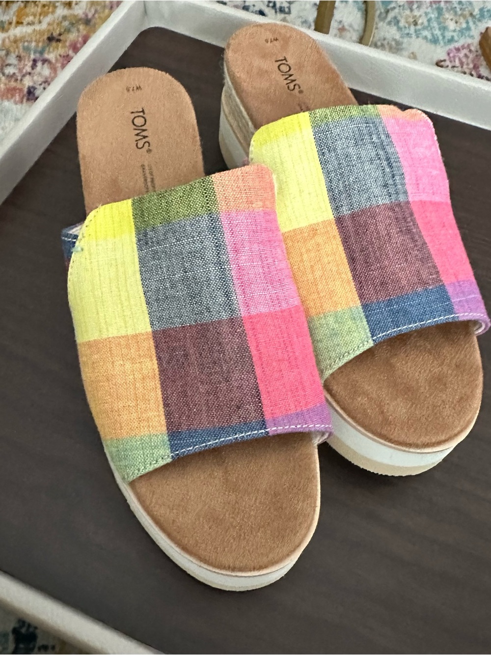 Toms Rainbow Plaid Platform Slide Sandals